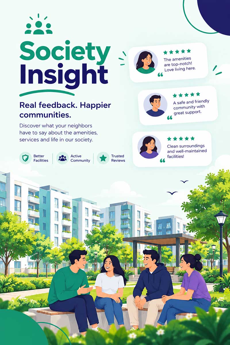 Illustration of residents talking in a society park, with resident review cards and star ratings above them