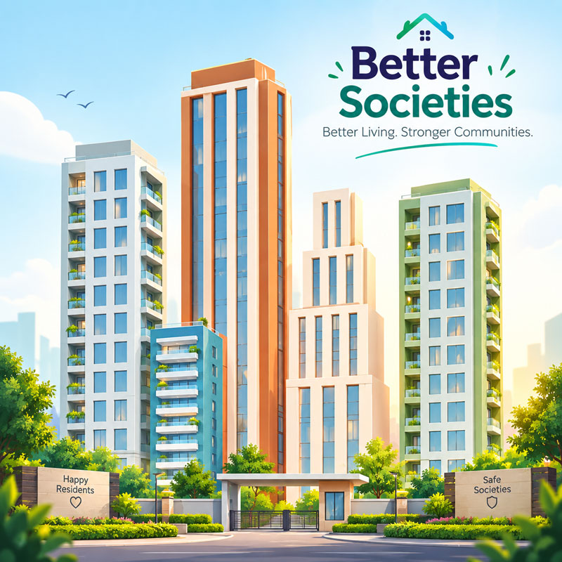 Illustration of a residential society with towers, lawns and residents